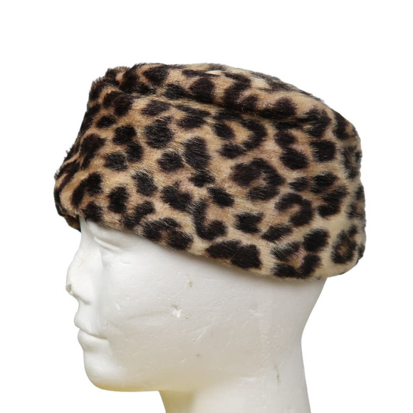 Vintage 60s I. Magnin tan brown and black leopard print fur pillbox hat - Picture 1 of 8